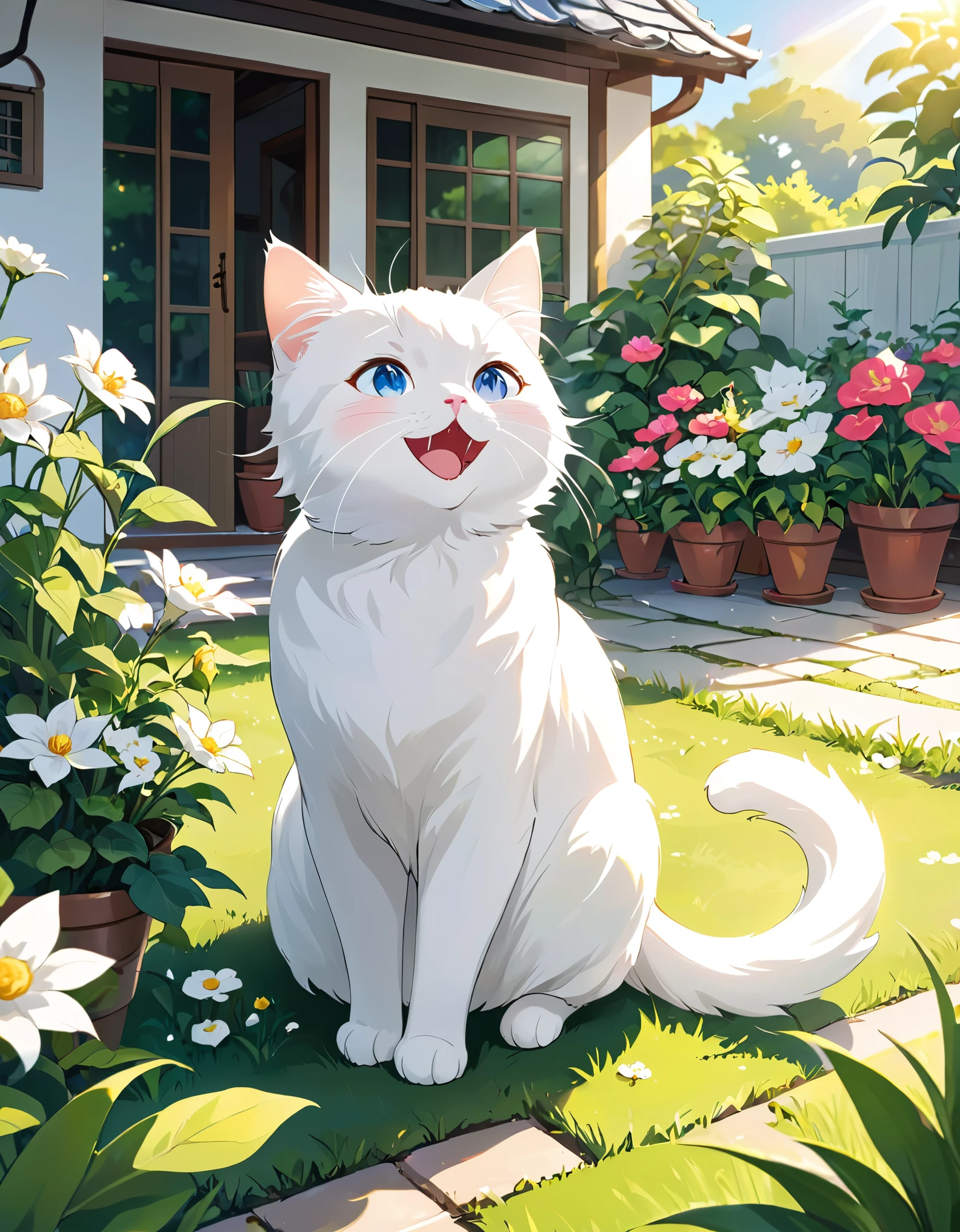 White cat  has recovered from an illness.、A scene that brought back energy。cat is active in the house and garden.、Enjoying a new adventure。Under the clear sunlight、cat playing happily、Please draw the expressions on her family&#39;s faces as they rejoice at her recovery.。