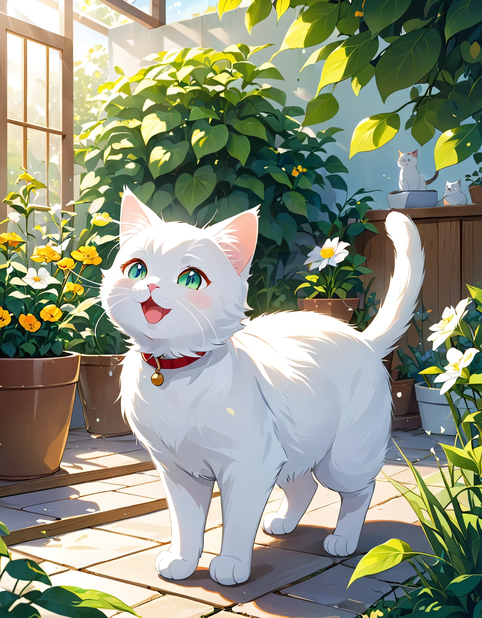 White cat  has recovered from an illness.、A scene that brought back energy。cat is active in the house and garden.、Enjoying a new adventure。Under the clear sunlight、cat playing happily、Please draw the expressions on her family&#39;s faces as they rejoice at her recovery.。