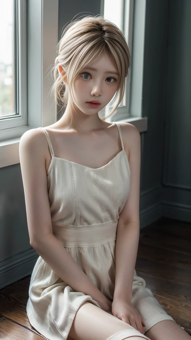 serene, short tousled hair, ethereal white dress, sitting with knees pulled to chest, delicate angel wings, relaxed posture, looking down, soft natural lighting, light from left, gentle shadows, peaceful and introspective atmosphere, indoor setting next to open window, artistic illustration, muted color palette, dreamy and tranquil.