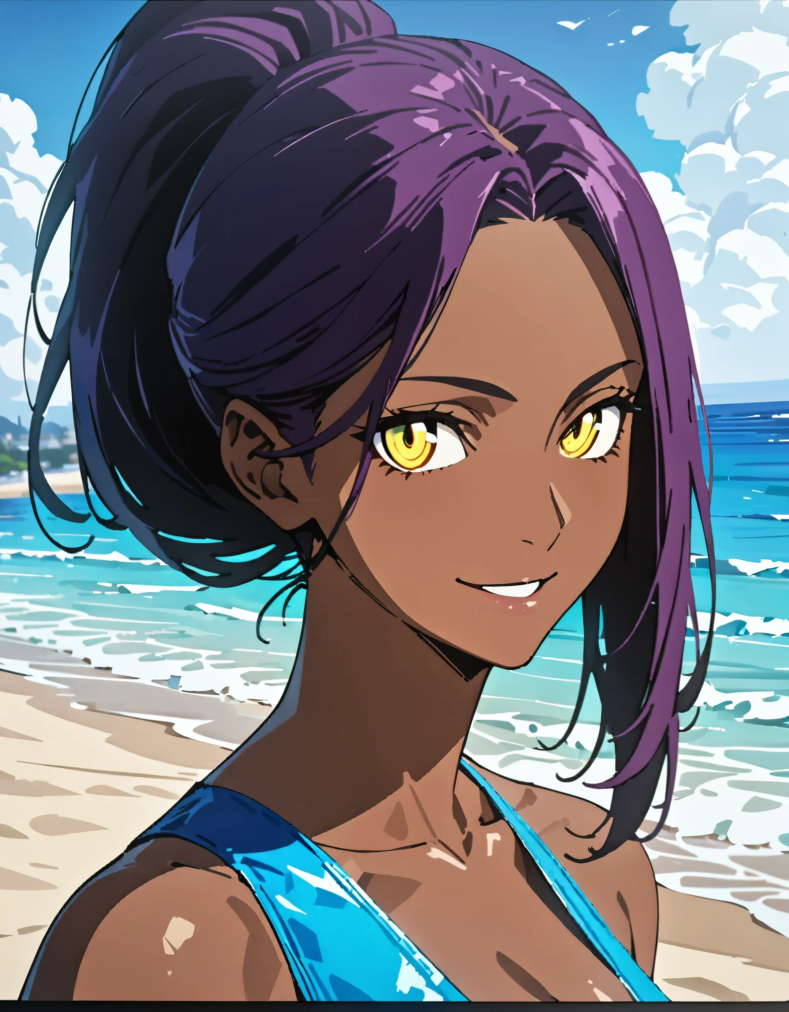 A stunning dark-skinned woman with  purple hair in a ponytail, detailed eyes , extremely detailed face,smile, vibrant yellow eyes, wearing a swimming suit or bikini, full body portrait, looking at the audience, beach background, (best quality,4k,8k,highres,masterpiece:1.2),ultra-detailed