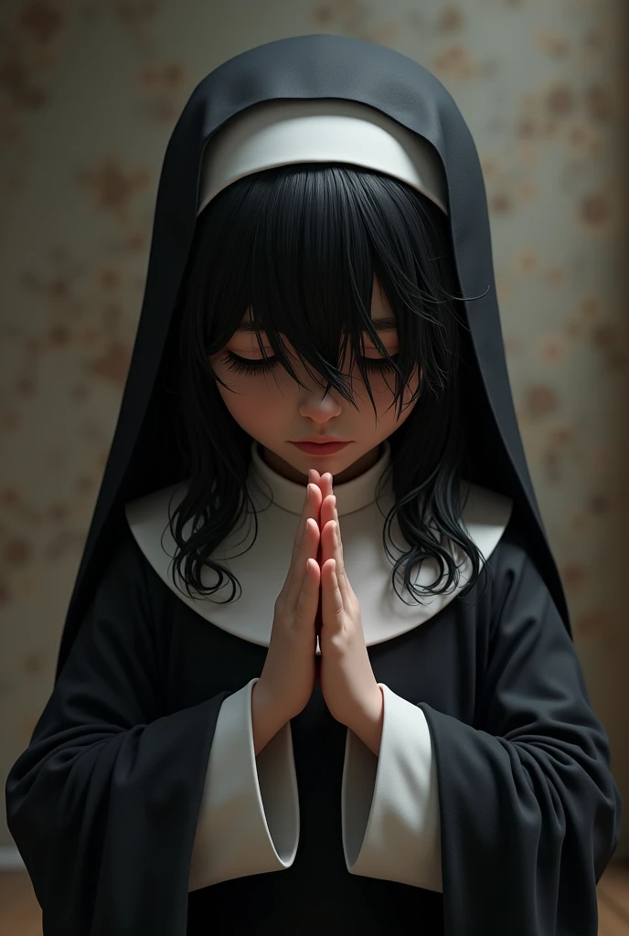 Ultra realistic  , 2Girl child infant body , twins   , very long black hair frinje  , blue eyes crey tears sad   , nun dress , hands praying  ,   . Church 