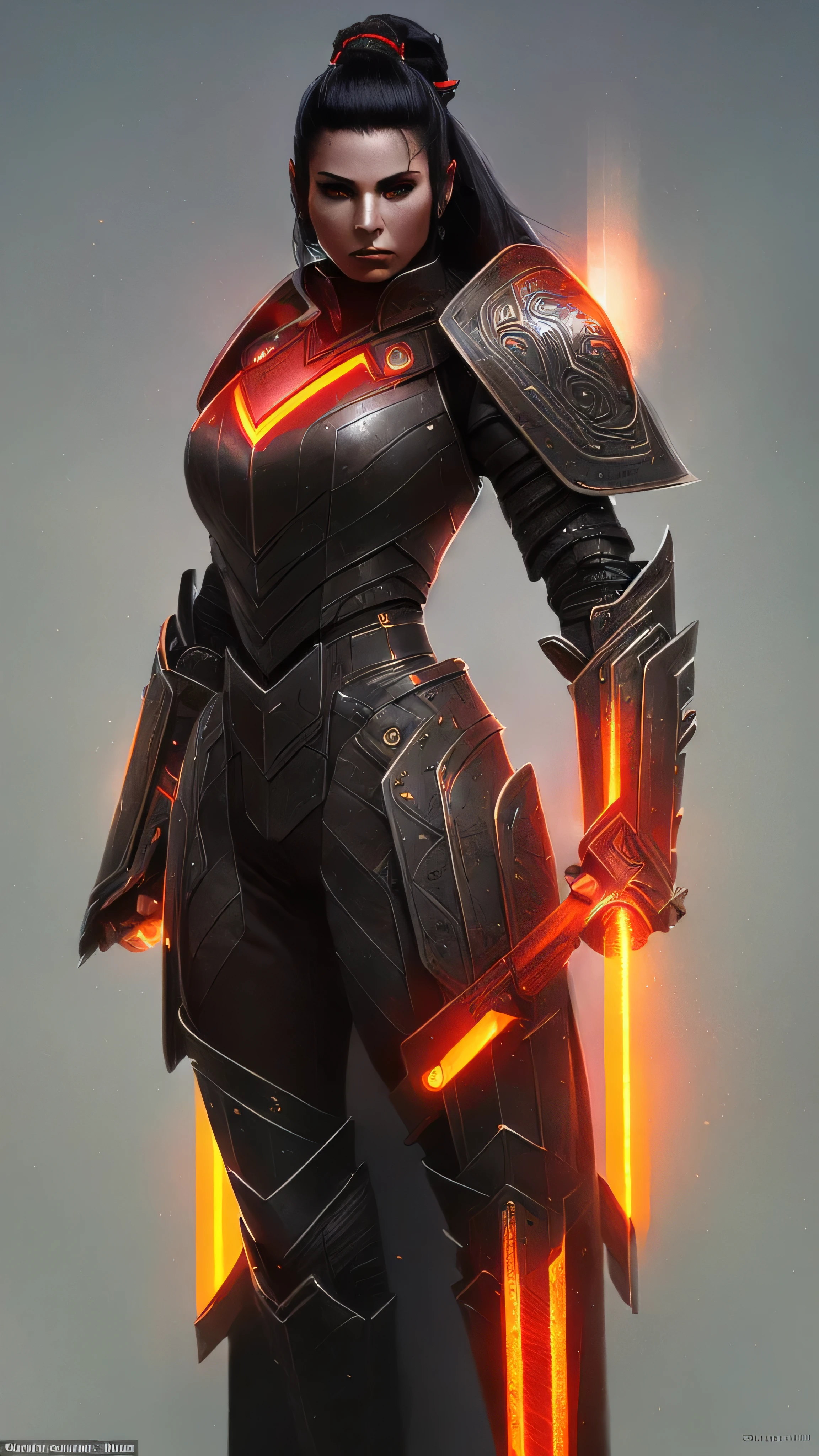 warrior woman, futuristic armor, round shield in one hand, weapon in the other hand, dark grey hair ponytail, distinct red face markings, sleek armor with black and dark metal tones, glowing orange lines, smoky distant battlefield, soft light shining, stands confidently, fierce determined expression, dynamic illustration, (insanely detailed, beautiful detailed face, masterpiece, best quality), cinematic lighting, 1woman, solo, full body view, front view, looking at viewer, intricate, high detail, sharp focus, dramatic, photorealistic painting art by greg rutkowski