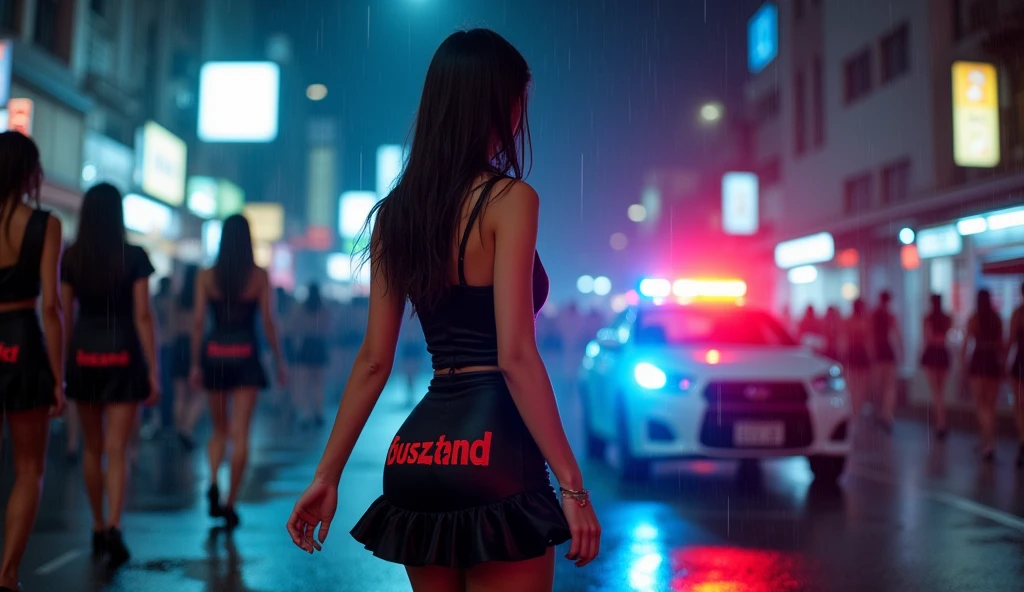 ((best quality)), ((masterpiece)), (detailed), perfect face, (((HannahG:1.3))), HannahG kneeling in a cyberpunk city, long straight hair, black hair, brown eyes, smile, perfect breasts, hands on breasts, pink sweater, exposing breasts, areolas, nipples out, futuristic cyberpunk city, futuristic cyberpunk cars, night, neon lights, people in background,