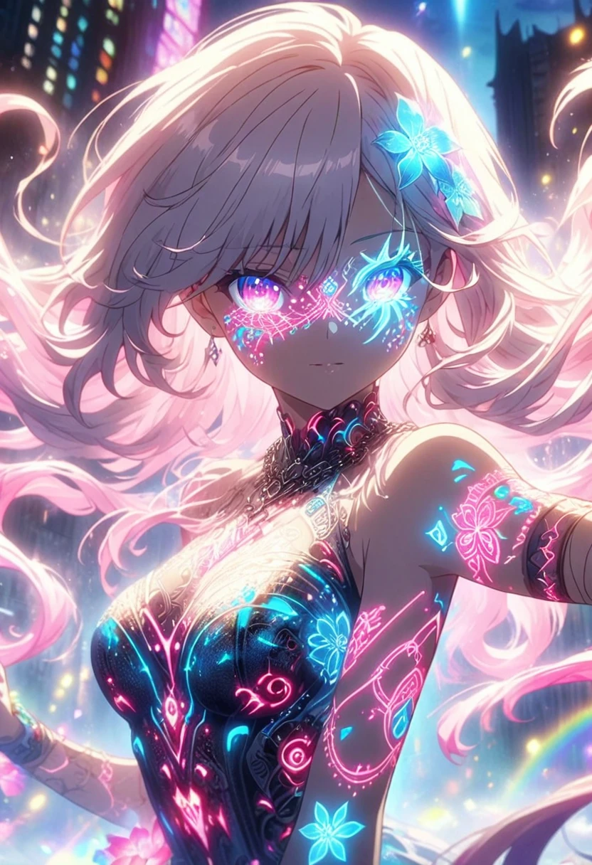 (Masterpiece:1.2), best quality, (illustration:1.2), (ultra-detailed),Eye focus,(Masterfully crafted Glow, pink lens flare), (Cinematic background), hyper details, (delicate detailed), (intricate details), octane render, hdr, (hyperdetailed:1.15), (soft light:1.2), 1girl, beautiful girl, ultra detailed eyes, mature, plump, thick, rainbow painting drops, outdoors, (bioluminescent hair:2),(glowing eyes), ((makeup)),(Cinematic masterpiece),(dynamic:1.2), fierce, powerful, splashes of colour absolutely eye-catching, (Cinematic headlight),((caustic)), dynamic angle, beautiful detailed glow, ambient occlusion, ambient light, raytraced reflections,(best illumination, an extremely delicate and beautiful), ((cinematic light)), (soft:2), (Nephilim:1.2), halo, demon horns, demon wing, wings on back, half demon, demon ears, black wings, raven wings, (falling raven feathers), (radiant aura), visible raven, (half angel), (long metal fingernails), (licking Finger:1.2), sexy, alluring, long sleeve gloves, perfectly drawn hands, 4 fingers, 1 thumb, realistic hand shape, earth mother, cosmic, rainbow.