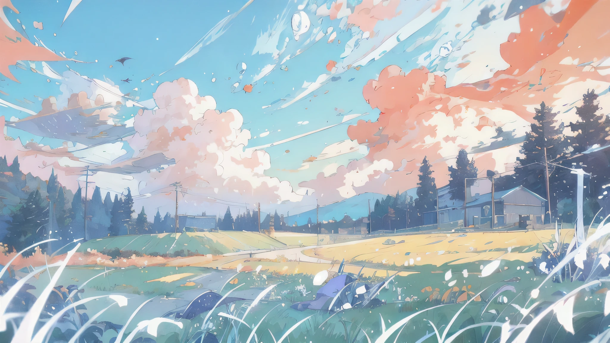 anime landscape with a sunset and a river, anime countryside landscape, anime landscape, beautiful anime scenery, studio ghibli landscape, anime background art, anime landscape wallpaper, anime scenery, beautiful anime scene, detailed scenery —width 672, studio ghibli sky, anime clouds, beautifull puffy clouds. anime, ilya kuvshinov landscape, anime beautiful peace scene