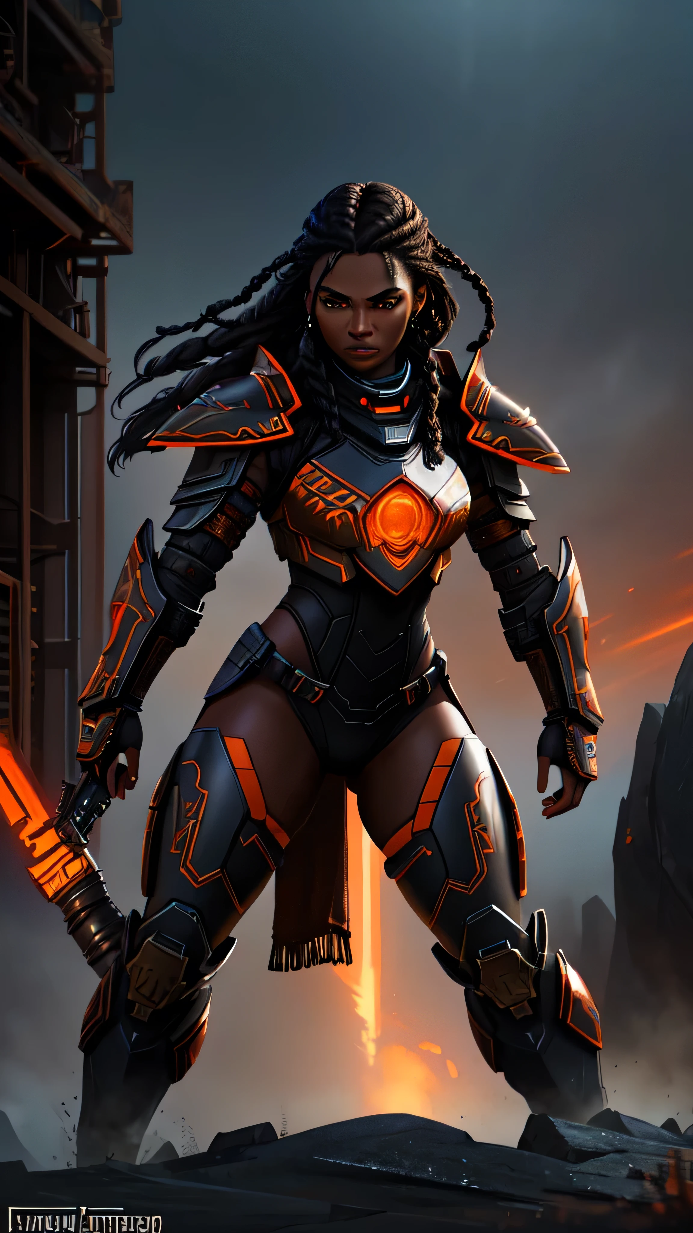 warrior woman, dark skin, intricate braided hair, futuristic armor, geometric patterns, dark sleek design, thick braids hair style, small accessories, armor accents of orange and red, contrasting against the dark metal tones, smoky atmospheric battlefield, soft lighting, fierce expression, strong stance, dynamic pose, (insanely detailed, beautiful detailed face, masterpiece, best quality), cinematic lighting, 1woman, solo, full body view, front view, looking at viewer, intricate, high detail, sharp focus, dramatic, photorealistic painting art by greg rutkowski