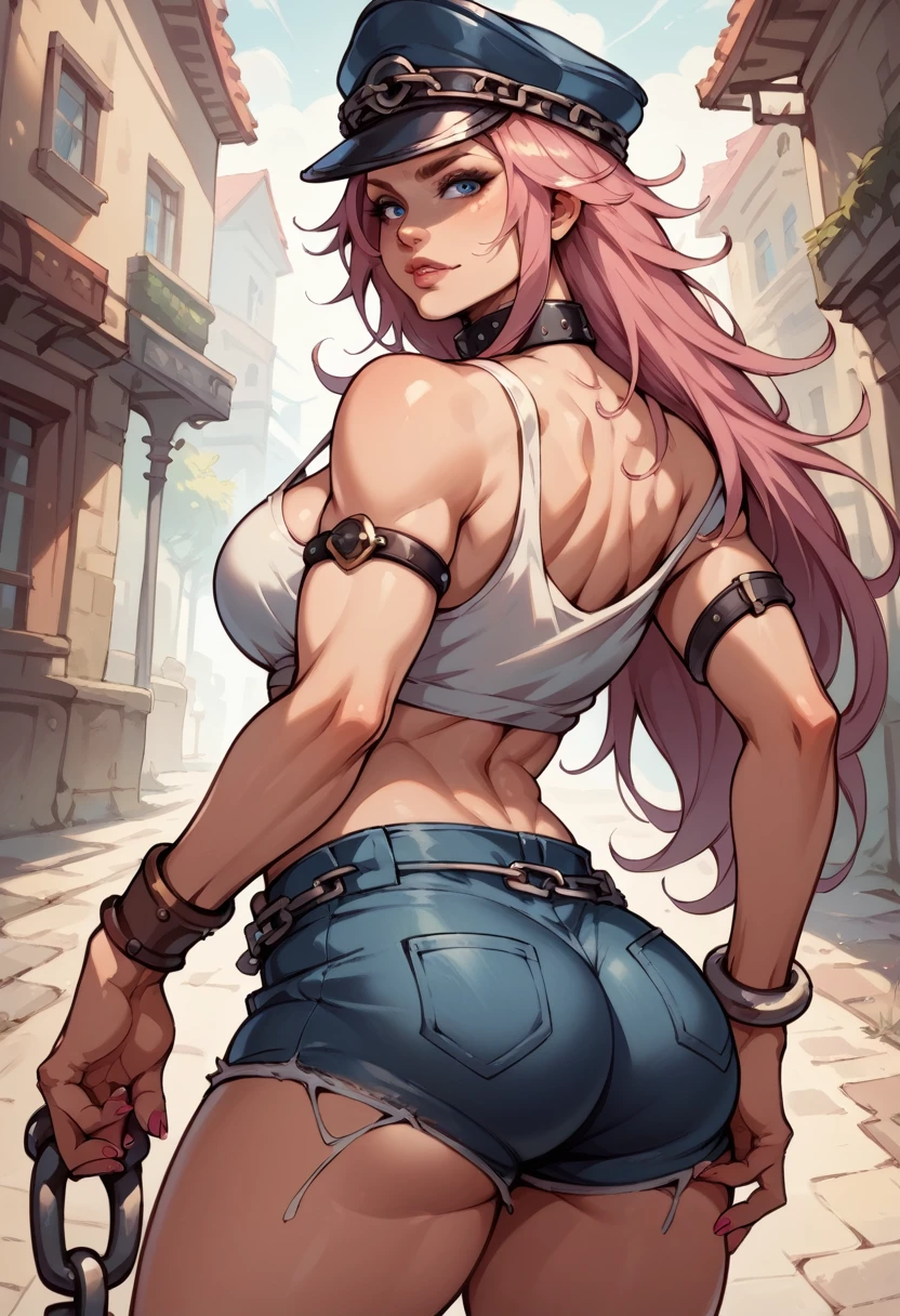 score_9, score_8_up, score_7_up, BREAK, score_9, 1girl, pink hair, long hair, peaked cap, collar, tank top, midriff, silver bracelet, off shoulder, nail polish, high waisted shorts, brown bracelet, armlet, chain belt, pumps, blue eyes, looking at viewer, cowboy shot, ass, from behind, street