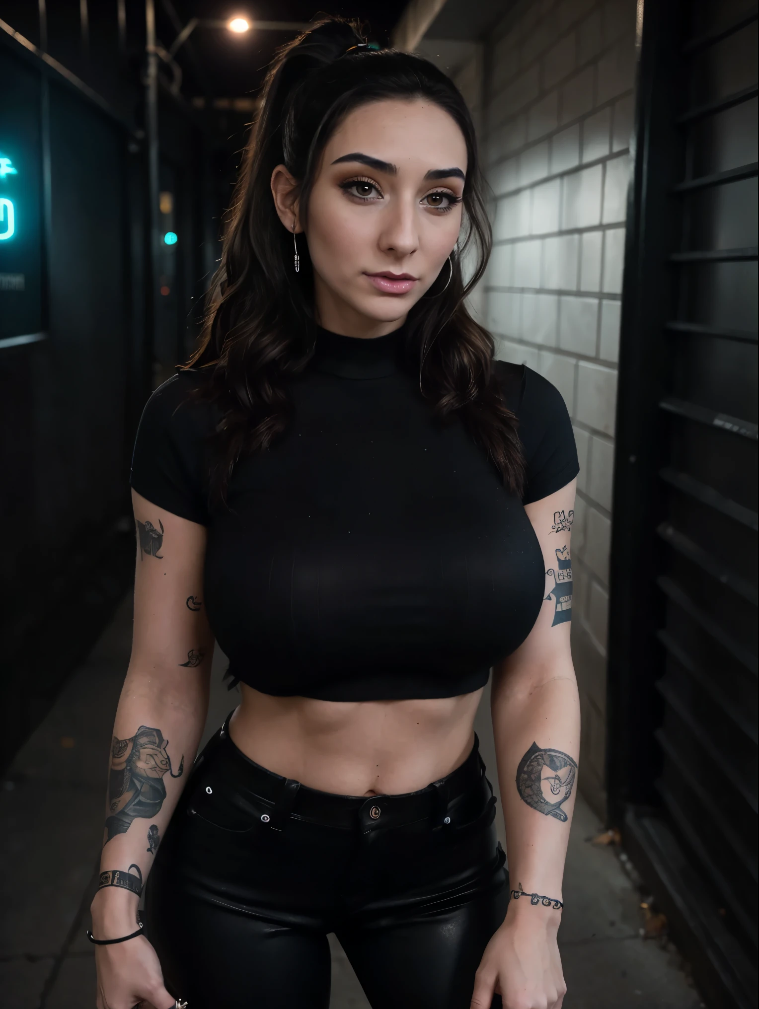 Extremely busty thin and toned brunette death metal girl, strung out, sleepy, stoned, fair skin, big hair, huge ponytail, hair pulled back, soft face, athletic, heavy makeup, piercings, t-shirt, tee shirt, studs, black pants, boots, fingerless gloves. black butterfly tattoos. standing in a dark alley at night. Outdoors, exterior, Nighttime. neon lights. (detailed background.) Grim. sly, bitter, evil, mean, angry.