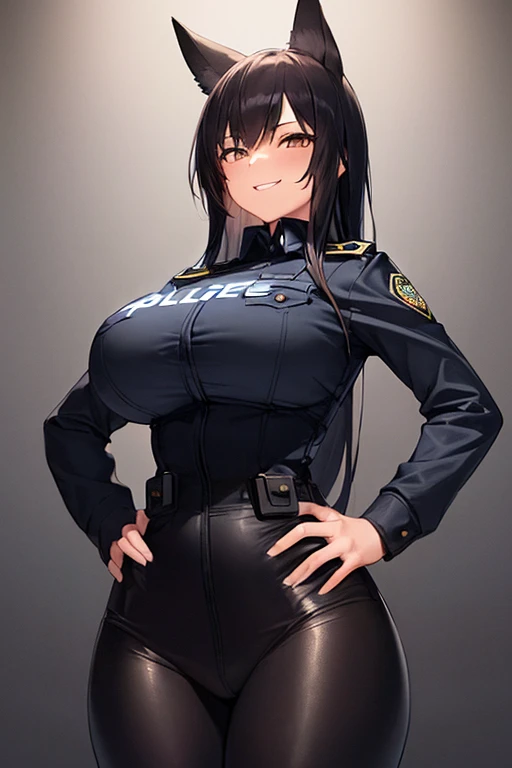 masterpiece, girl standing on the street, blue eyes, dark hair, disgusted expression, (sperm on her hand), black stockings, seductive, relaxed pose, exposed breasts, black X-shaped tape pasties on breast, defined labia, shiny skin with streaks of sweat, black stockings, police hat, leather outfit, sexy, hot weather