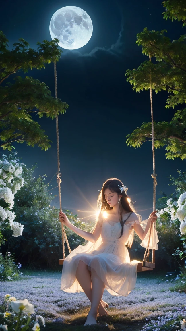 serene, sitting on swing, long dark hair, light flowing dress, ambient moonlight, dark silhouette, looking downward, soft blue and white tones, ethereal flowers, dreamy, mystical atmosphere, outdoor fantasy scenery, centered moon in background, subtle shadows, gentle and quiet environment, otherworldly feel, soft light from the moon, deep depth of field, detailed foreground and background, captivated by nature's beauty, peaceful

This digital artwork captures a serene and dreamy moment, where a girl with long dark hair, adorned with a light flowing dress, sits on a swing under the ambient moonlight, surrounded by ethereal flowers. The mystical atmosphere and the otherworldly feel bring a sense of peace and captivation by nature's beauty.