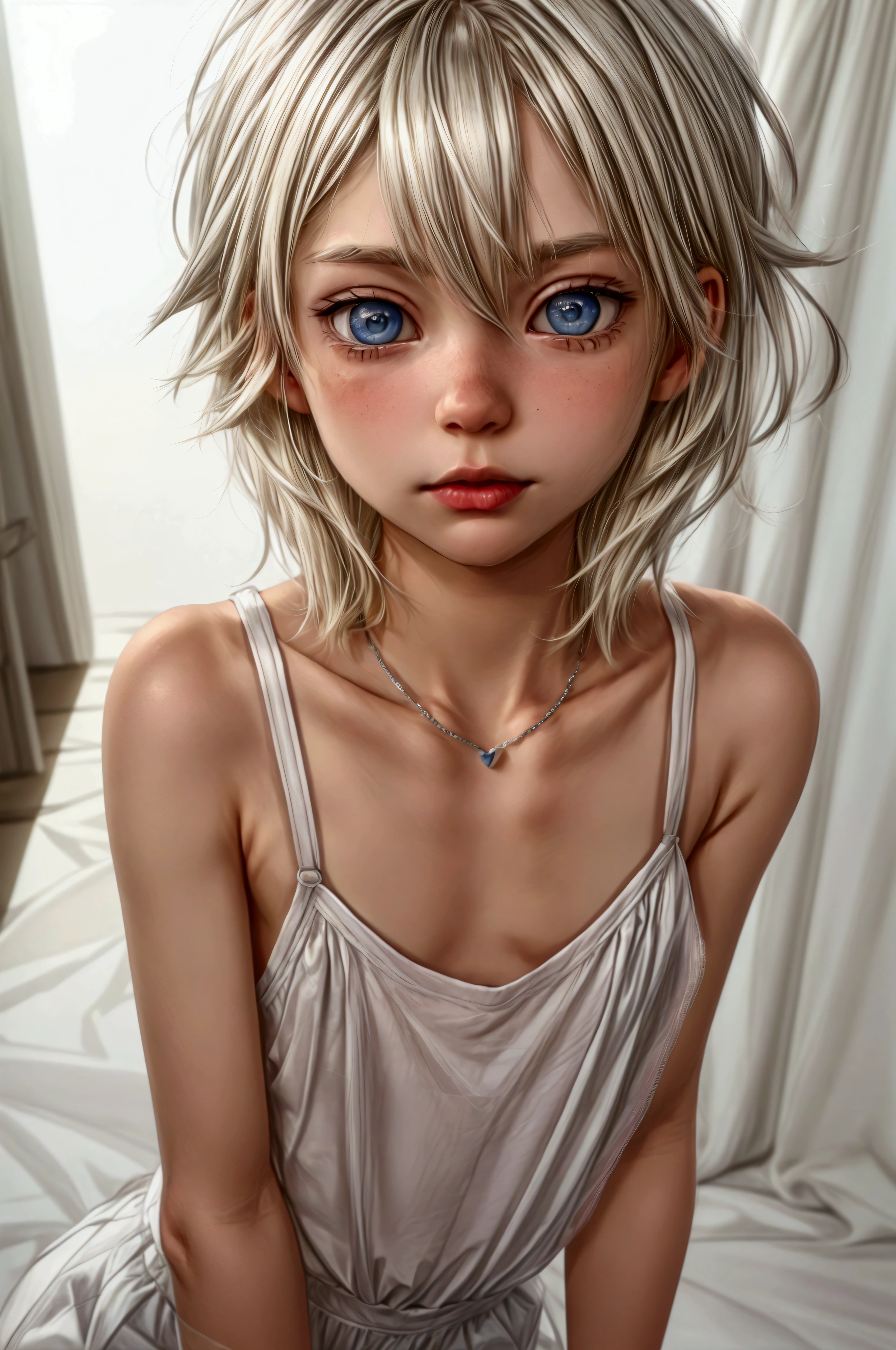 Anime style, Highres, Masterpiece, Best quality at best, Best Quality, hight quality, hight detailed, 1boy, (**********), boy, blonde boy, blond Hair, perfect boy body, cute boy, detailed light blue eyes, detailed eyes, short hair, messy hair, pastel rainbow inner hair color mesh, Neutral Facial Features, boy flirty posing, wears a too short unicorn color transparent cami tank top, without breasts, silver necklace with a pastel pink heart, boy chest, pastel rainbow mini skirt, beautiful long legs, boy body, Standing, sunny afternoon on the street, highest quality,