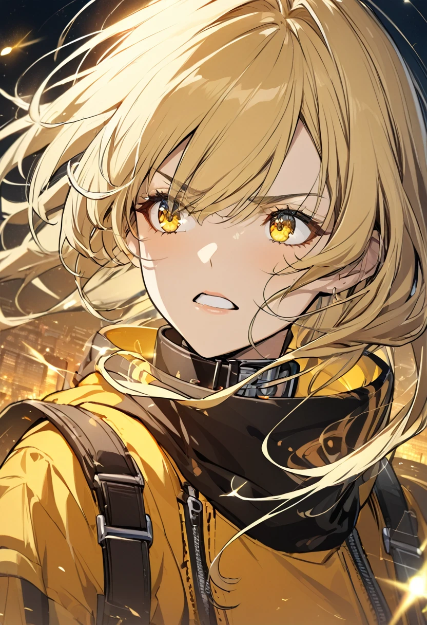 girl, Golden blonde hair flowing, Yellow eyes, Golden Emperor Set, collar, anime, The background is a clear sky with twinkling lights., Dynamic angle, Arrogant laughter