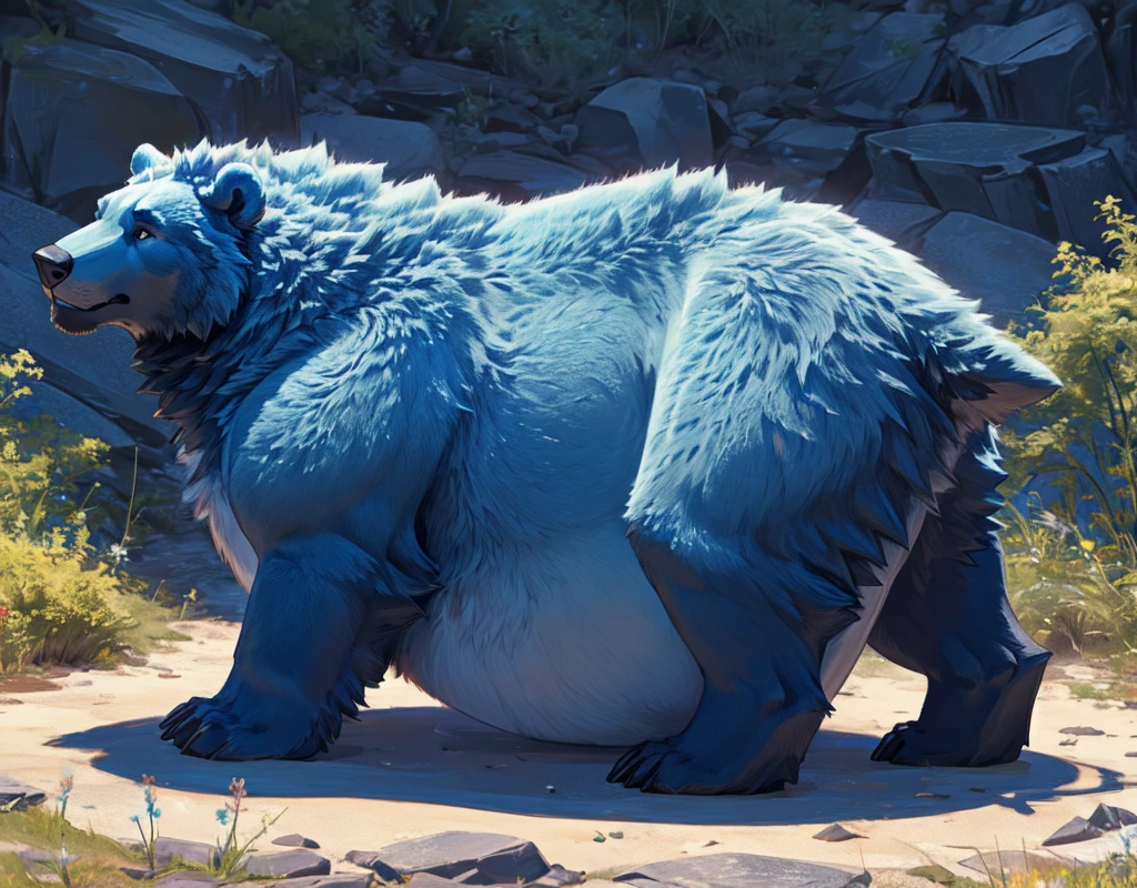 high definition, vivid colors, full body dark grey, solo, 1boy), nude, naked, (slit), grey bear, glacier bears, grey fur, right arm and hand are of the dragonborn race, short-legged bodyvirile, muscle gut, long hairy all over the body, realistic hand, realistic feet, scars all over my body, black tattoo, shoulder tattoo, chest tattoo, black tattoo heavy, realistic eyes, very long fangs