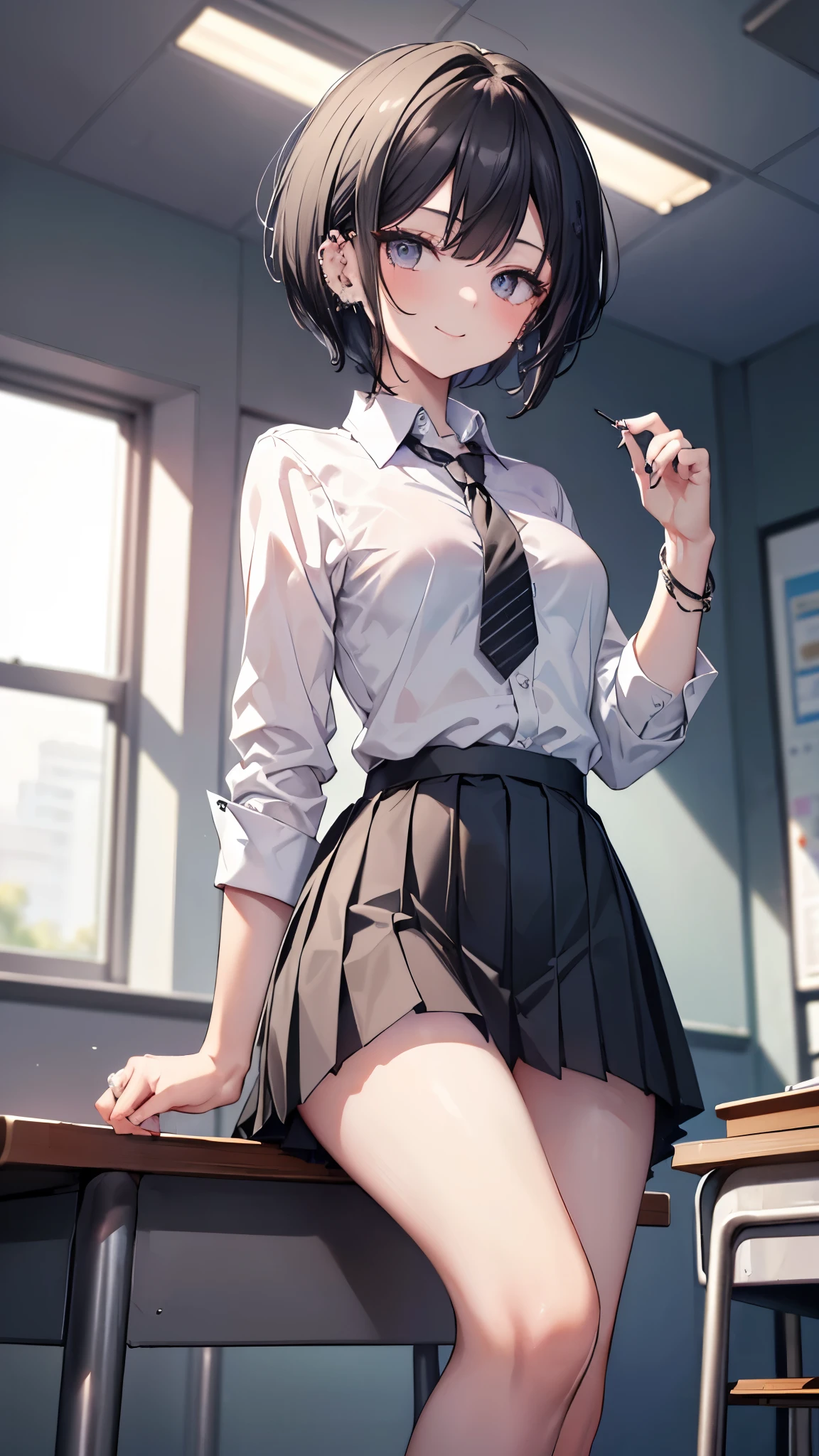 1girl, short hair,(school uniform),(((skirt lift))), ((white panty)), ((show off panty)), bare thigh, bottomless, (no background:1.5), hand to hand,
