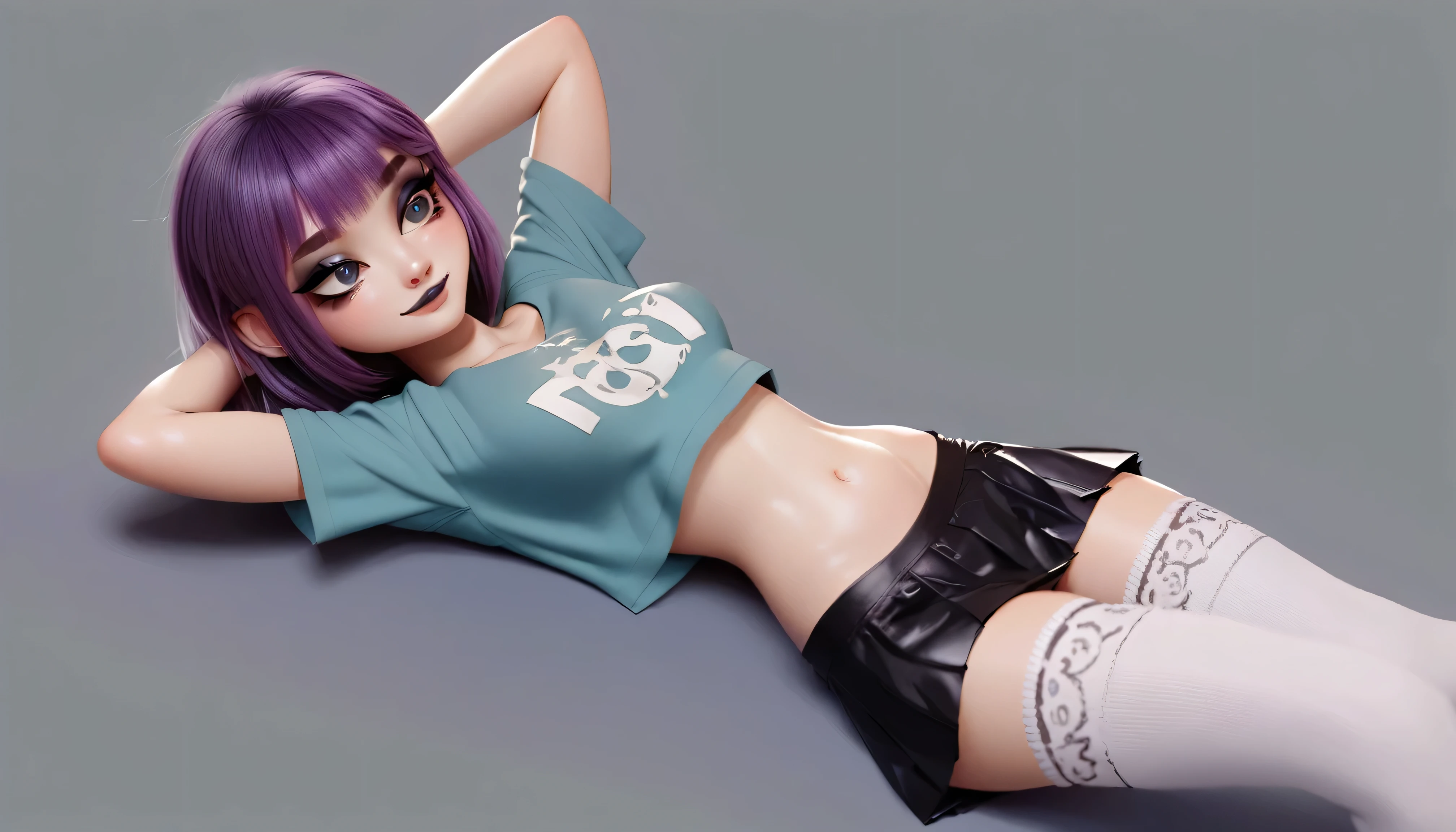 Plain white background, no shadow. NSFW. 3DCG, Short stature (145 cm), cute and short-stack young woman wearing gothic makeup and waist-length, purple hair, featuring black lipstick and eye-shadow. She is wearing a black, cropped v-neck t-shirt (showing belly button), (medium breasts) with a short, purple, mini-skirt with white thigh high stockings. (Visible vagina). (oval belly button), Laying pose, on back with arms crossed behind head. Playful, smiling expression.