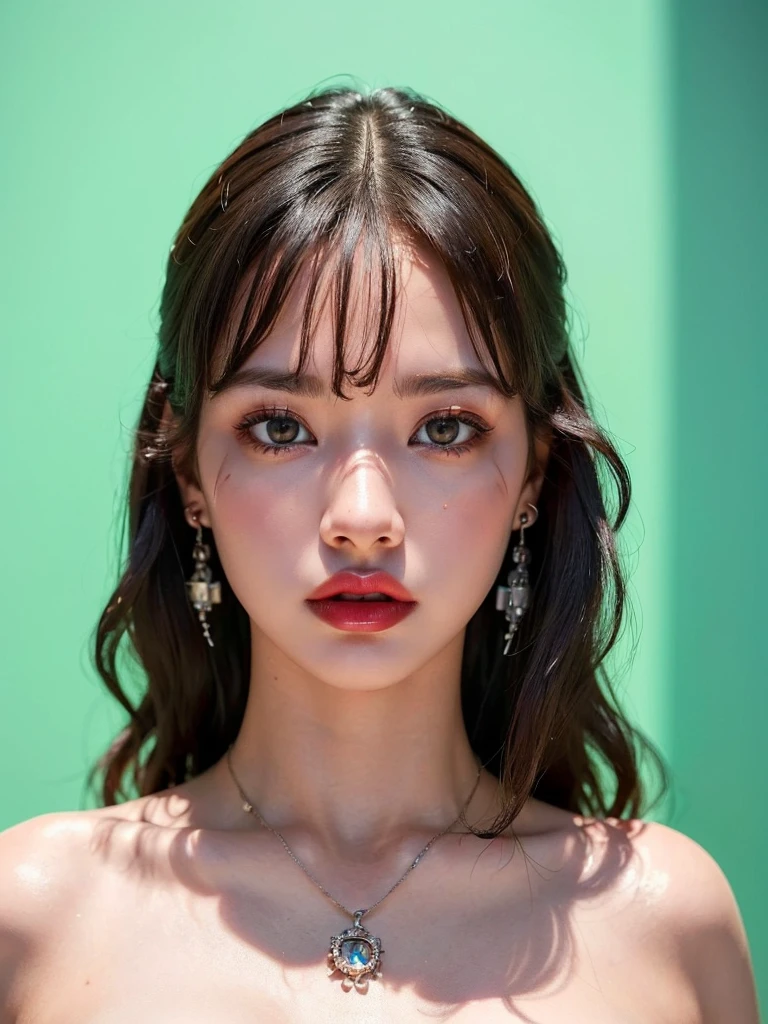 (UHigh resolution, retina, masterpiece, Accurate, Anatomically correct, Textured skin, Super Detail, Attention to detail, high quality, 最high quality, High resolution, 1080P, High resolution, 4K, 8k, 16k), (美しいAttention to detail目, Beautiful lip detail, Highly detailed eyes and face), Soft lighting, Physically Based Rendering, Vibrant colors,(((最high quality、masterpiece, 高精細CG8kイラスト, Highly detailed lights and shadows, Highly detailed face and eyes,masterpiece, 最high quality, Alone, One girl, Glowing Skin, Earrings, Splendid, Whimsical details, wall,Bright red lips, Fascinating,Shallow depth of field,Futuristic Fashion,Fantastic Fashion,Unknown Fashion, Generate a futuristic woman wearing floating hologram jewelry, such as rings and necklaces. The jewelry appears to hover around her body, glowing with shifting colors, and reflecting light from her futuristic surroundings, Contrasting, Professional Model, frontを向く、front, Portraiture , Left detailed pupil,Right symmetrical pupil,Wavy Hair))), (Glowing Skin), (Wide-angle),(Alone),  (Urzan-6500:0.33)、Outdoor、(((whole bodyショット,whole body,Model pose)))