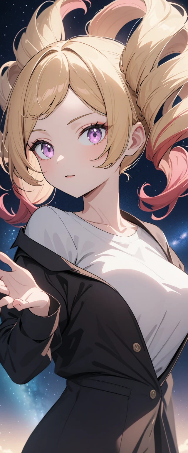 Anime style illustrations, Close-up, masterpiece, Very detailed, 超High resolution, High resolution, 最high quality, Very detailedな, Detailed woman, high quality, 8k, Adult female, One woman, Pink eyes, Cowboy Shot, Red gradient hair, Red hair tips, Blonde Hair, ((Upstyle Bangs, Swept-back Bangs)), Center Part, Forehead, Short Hair, High Twintails, Short Twin Tails, twin drills, drill hair, Off the shoulder, Student Uniform, Black jacket, Big Breasts, I can see your feet, Detailed Background, Beautiful starry sky, A clear star々, Milky Way