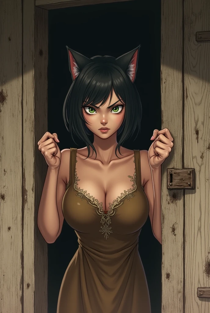 ((best quality)), ((masterpiece)), (detailed), 1girl, khajiit, huge heavy breasts, scared, furry body, cat face,furry, white skin, white  fur, black hair, black stripes
