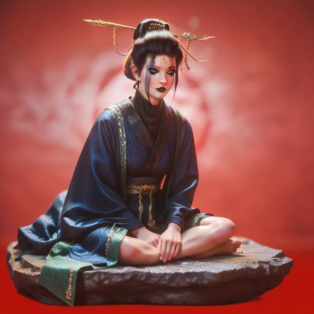 Si Mei, Black Myth, Black Myth Wukong,   black hair, facial mark, single hair bun, hair bun,   forehead mark, hair ornament, makeup, black lips, score_9, score_8_up, score_7_up, score_6_up,, long legs, 1girl,solo,(((red background))),sitting on rock, shiny astride