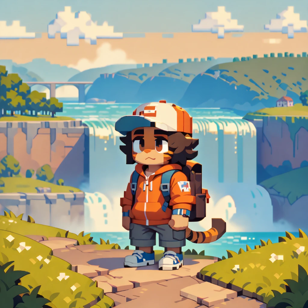 masterpiece, best quality, very aesthetic, absurdres, super fine illustration, BREAK noise reduction, BREAK chibi, pixel art, [face:full body:10], looking away, from above, american country, backpacker, plump middle-aged tiger man, fluffy body, tail, brown eyes, beautiful beard, male face, big face, square jawline, male eyes, sharp eyes, big eyes, male eyebrows, innocent look, SimplePositiveXLv2, BREAK happy, little smile, backpack, baseball cap, half pants, sneaker, standing, hiking, dynamic pose, BREAK [simple background::12], afternoon, hillside, niagara falls, outdoor,