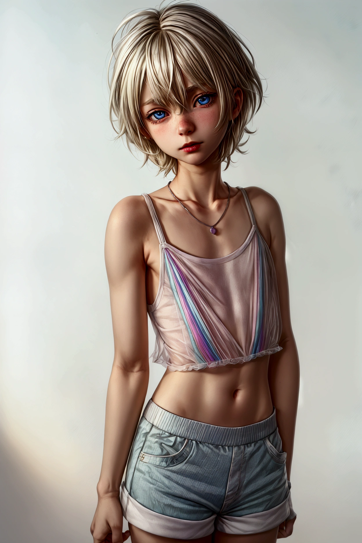 Anime style, Highres, Masterpiece, Best quality at best, Best Quality, hight quality, hight detailed, 1boy, (), boy, blonde boy, blond Hair, perfect boy body, cute boy, detailed light blue eyes, detailed eyes, short hair, messy hair, pastel rainbow inner hair color mesh, Neutral Facial Features, boy flirty posing, wears a too short unicorn color transparent cami tank top, without breasts, silver necklace with a pastel pink heart, boy chest, pastel rainbow mini skirt, beautiful long legs, boy body, Standing, sunny afternoon on the street, highest quality,