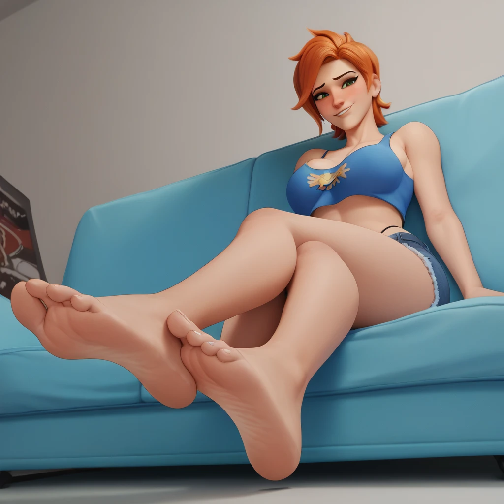 overwatch render, solo, Gwendolyn_Tennyson, older, milf, ginger hair, short hair, fluffy hair, blushing, nervous smile, teeth, crop-top, g-string, jean short shorts, unzipped shorts, cozy, wide hips, pointy breasts, big breasts, juicy breasts, showing her feet, Sitting on a sofa, Low Angle, close up, barefoot, Sole, Foot Focus, studio lighting