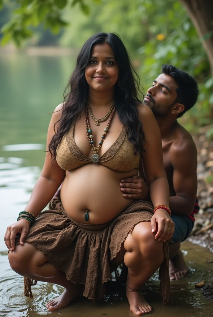 a Indian hindu curvy woman, (((furrowed eyebrows, closing eyes, open mouth, face facing upwards while leaning forward))) bentover fully nude exposed boobs, wearing only red lace panties, ((natural big breast)) ((plump size)) ((show thighs)) ((abdominal muscles)) . behind her there is a young muslim man fully nude wearing only Muslim traditional skull cap hugging her. wet hair. in farm.