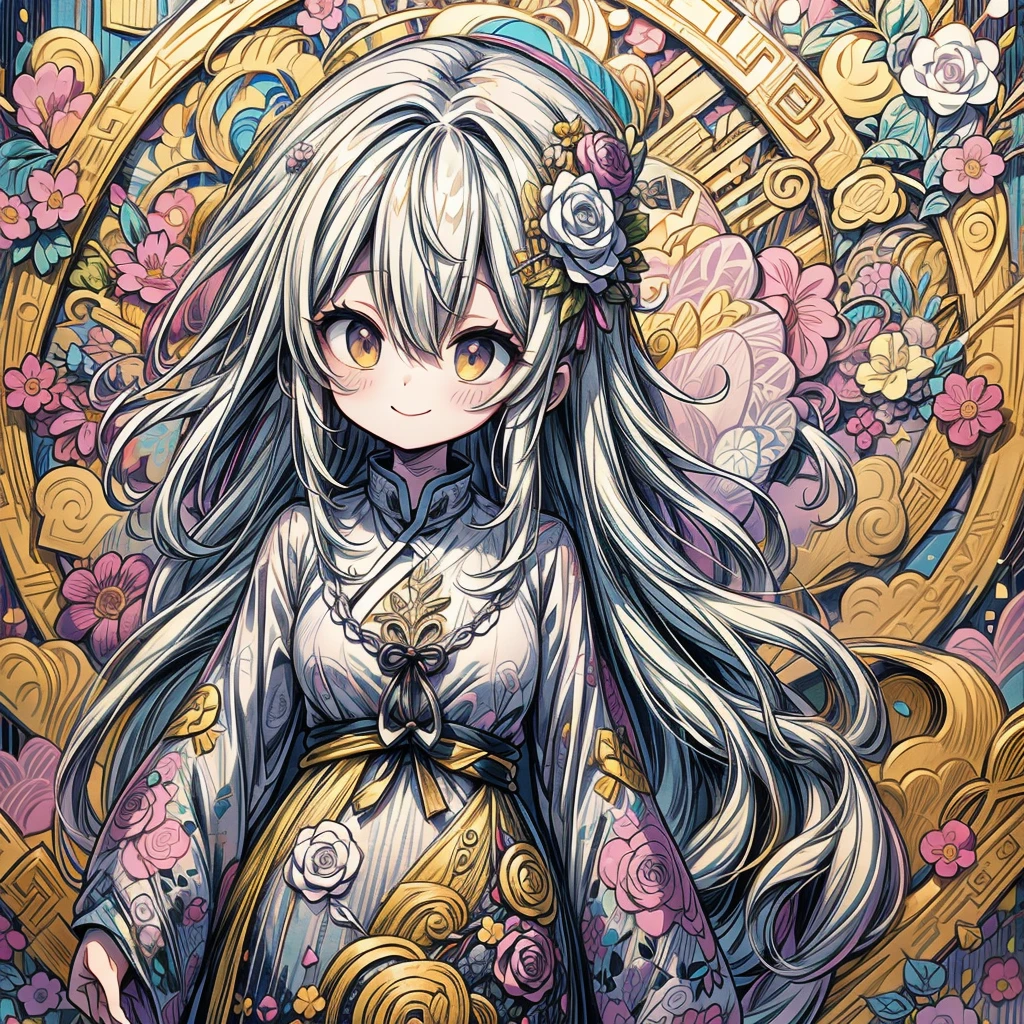 Official Art, wallpaper, Very detailed, (((Very detailedな目と顔))), masterpiece, Highest quality, (ZenTangle, Mandala, Tangle, EnTangle), Complex clothing, Very detailed, Dynamic Angle, The most beautiful form of chaos, elegant, Vibrant colors, Romantic Chinese Flowers, , Breaking Smiling Amidst the Colorful Scenes, Whole body shot, pastel colour