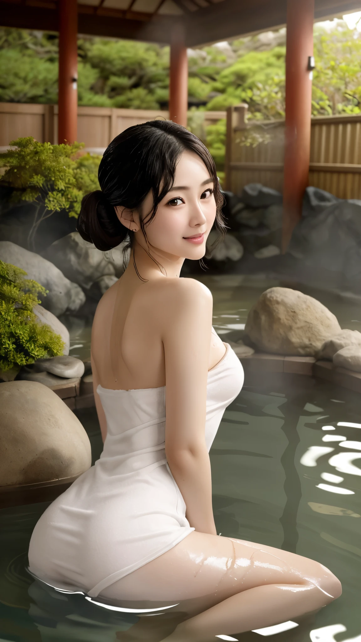 Japanese Mature、40 years old、Wrinkles at the corners of the eyes、最high quality、high quality、best image quality、8k、最High resolution、High resolution、最high quality、masterpiece、Realistic human body in every detail、Realistic skin in every detail、Realistic face in every detail、Realistic eyes down to the details、Realistic lips in every detail、Realistic teeth in every detail、Realistic ears down to the last detail、Realistic hair down to the last detail、Realistic arms down to the last detail、Realistic reproduction of every detail、Realistic fingers in every detail、(fine hands、thumb1reference4)、Realistic feet in every detail、((beautiful japanese 、(japanese model), (japanese woman)、(black hair)、(random hairstyle)、((whole body))、((beautiful upturned chest))、(slim style、slender style)、(whole body glossy skin、Fair skin)、((A small white towel is wrapped around the body.))、(soft natural light)、((in the deep forest(Natural hot springs gush out))、((Hot springs surrounded by rocks))、((deep bathtub(deep hot spring)、((Enter the hot spring))、((A woman warming herself in a hot spring))、((Soak in a hot spring))、((腰までSoak in a hot spring))、((in hot spring water、Sit with your butt down))、((Sit on your knees in the hot spring))、((Sit on your knees in the hot spring))、((Lying down in the hot spring))、((Kneeling in the hot spring))、((Lie down in water up to your shoulders in the hot spring area))、((A lot of steam rises from the hot spring water.))、((Extremely clear hot spring water))、((The main body seen from the water surface))