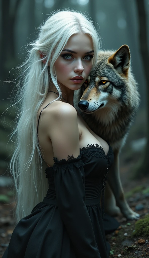 Woman with long loose wavy seni white hair and golden eyes sitting with big breasts on a bed with her legs crossed, dressed in a red bra and loose jeans, holding a black jackal in his arms lying on his back with his paws up in digital art