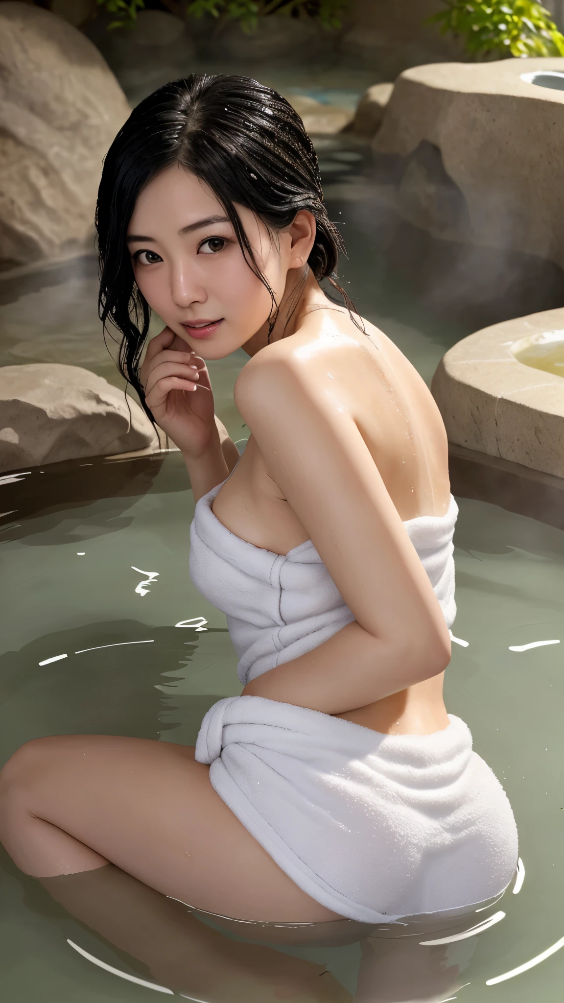 (completely naked:2.0), 
(in open-air onsen at night:2.0), (rising steam:2.0), 
(kneeling:2.0), (toward the viewer:2.0), (arms crossed:2.0), 

(semi long:2.0), (brown hair), (wavy hair), (blunt bangs), 
(curvy), (medium udder:1.6), (skinny arms:1.6), (skinny legs:1.6), (whitening skin), (fine skin), 

(moist eyes:1.6), (troubled face:1.6), (blush:2.0), 
(cowboy shot:1.6), 
detail face, (photorealistic:1.4), ultra high res, best quality, ((detailed facial features)), 8k resolution,
