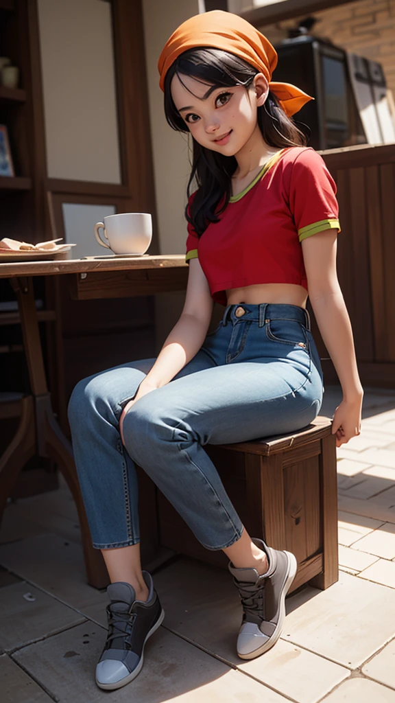 Pan, 1girl, solo, smile, red shirt, jeans, bandana, black Hair, sitting,, (acclaimed, alluring, captivating, exciting, gorgeous, striking:1.3), (trending on CGSociety, trending on pixiv, contest winner:1.3)