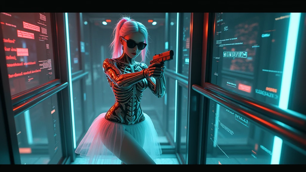 Cyberpunk female plagiarist immersed in digital theft, neon-lit alias within a vast online labyrinth, grotesque grunge brushing into surrealism, illuminated by kaleidoscopic volumetric light, a detailed masterpiece reminiscent of Moebius' distinctive style, deep focus, heightened depth field, psychedelic undertones amplified in a cinematic shot, aerial view of cyberpunk city at night, (1girl, solo), photo realistic, large-breast:1.4 D-cup slim body, cleavage:1.4, slim face, off broken mini sling-shirt and black sling bra, extremely short white pleated miniskirt, micro panty, (matrix style black micro sunglasses), (holding a short gun), half-body thigh level medium shot, cinematic lighting, ray tracing.