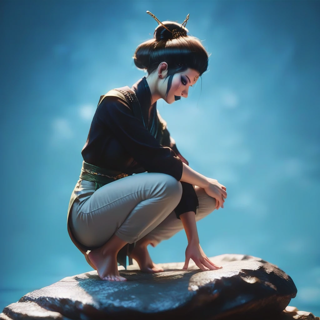 Si Mei, Black Myth, Black Myth Wukong, beautiful, black hair, facial mark, single hair bun, hair bun, forehead mark, hair ornament, makeup, black lips, score_9, score_8_up, score_7_up, score_6_up,, long legs, 1girl,solo,(((blue background))),sitting on rock, lotus pose