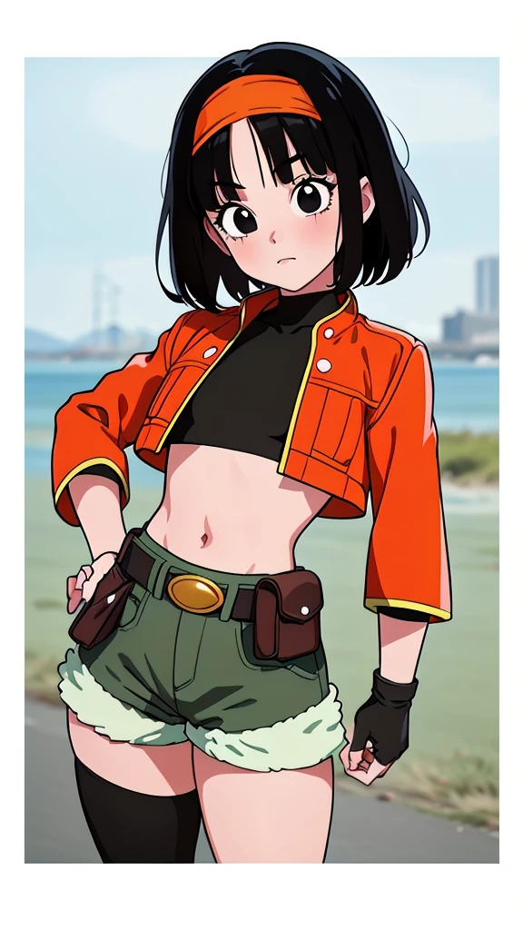 (masterpiece, best quality), 1girl, pan,1girl,solo,short hair,bangs,black hair,orange headband,black eyes,  belt,crop top,red jacket,crop jacked,green shorts,turtleneck,