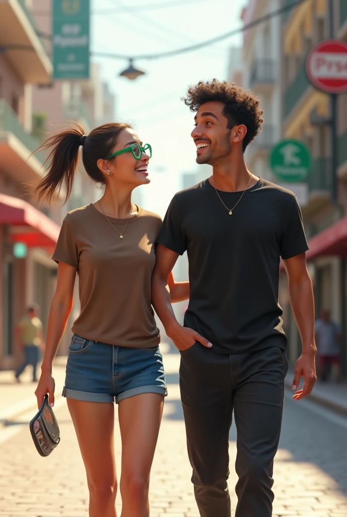White girl with short brown hair and bangs, she has a beautiful bracelet, a smile, gray clothing, and short shorts, Black boy wearing glasses, tall with curly hair and has a watch, black Adidas clothing
