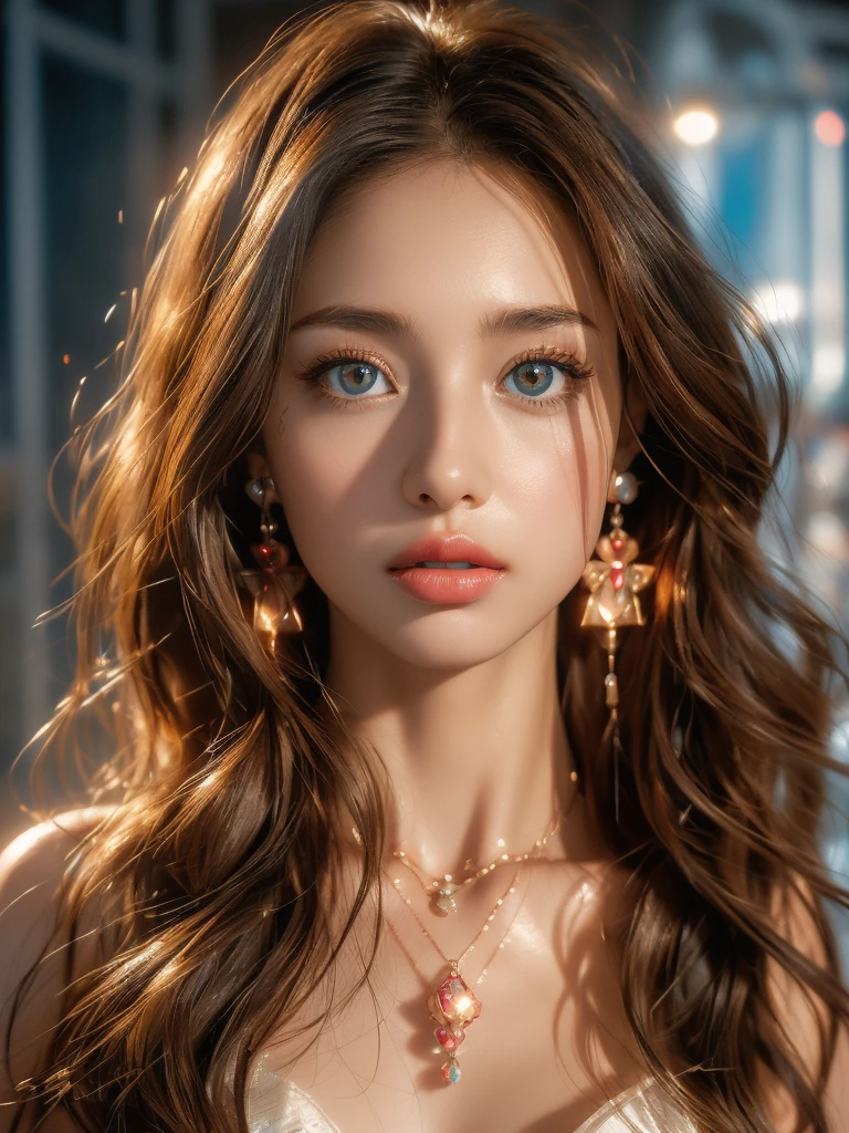 (UHigh resolution, retina, masterpiece, Accurate, Anatomically correct, Textured skin, Super Detail, Attention to detail, high quality, 最high quality, High resolution, 1080P, High resolution, 4K, 8k, 16k), (美しいAttention to detail目, Beautiful lip detail, Highly detailed eyes and face), Soft lighting, Physically Based Rendering, Vibrant colors,(((最high quality、masterpiece, 高精細CG8kイラスト, Highly detailed lights and shadows, Highly detailed face and eyes,masterpiece, 最high quality, Alone, One girl, Glowing Skin, Earrings, Splendid, Whimsical details, wall,Bright red lips, Fascinating,Shallow depth of field,Generate a futuristic woman wearing floating hologram jewelry, such as rings and necklaces. The jewelry appears to hover around her body, glowing with shifting colors, and reflecting light from her futuristic surroundings, Contrasting, Professional Model, frontを向く、front, Portraiture , Left detailed pupil,Right symmetrical pupil,Wavy Hair))), (Glowing Skin), (Wide-angle),(Alone),  (Urzan-6500:0.33),(((whole bodyショット,whole body,Model pose)))