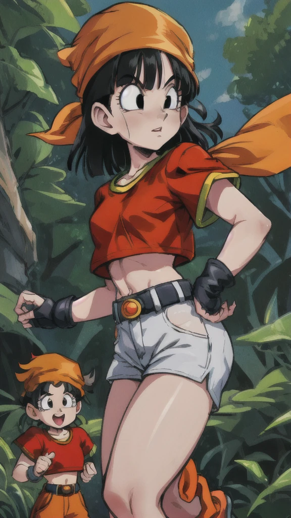 pandballgt, 1girl, black eyes, black hair, short hair, orange bandana, pants, hands in pockets, red shirt, crop top, child female