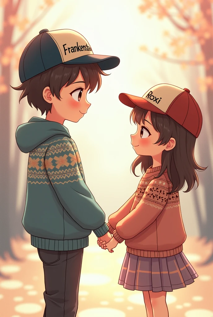 Photographs with the initials on his black cap C for man and L for woman, as a couple in love, with anime cartoons The couple is sitting and they are forming a heart with their hands , homem de cabelo enrolado cor castanho, morena parda