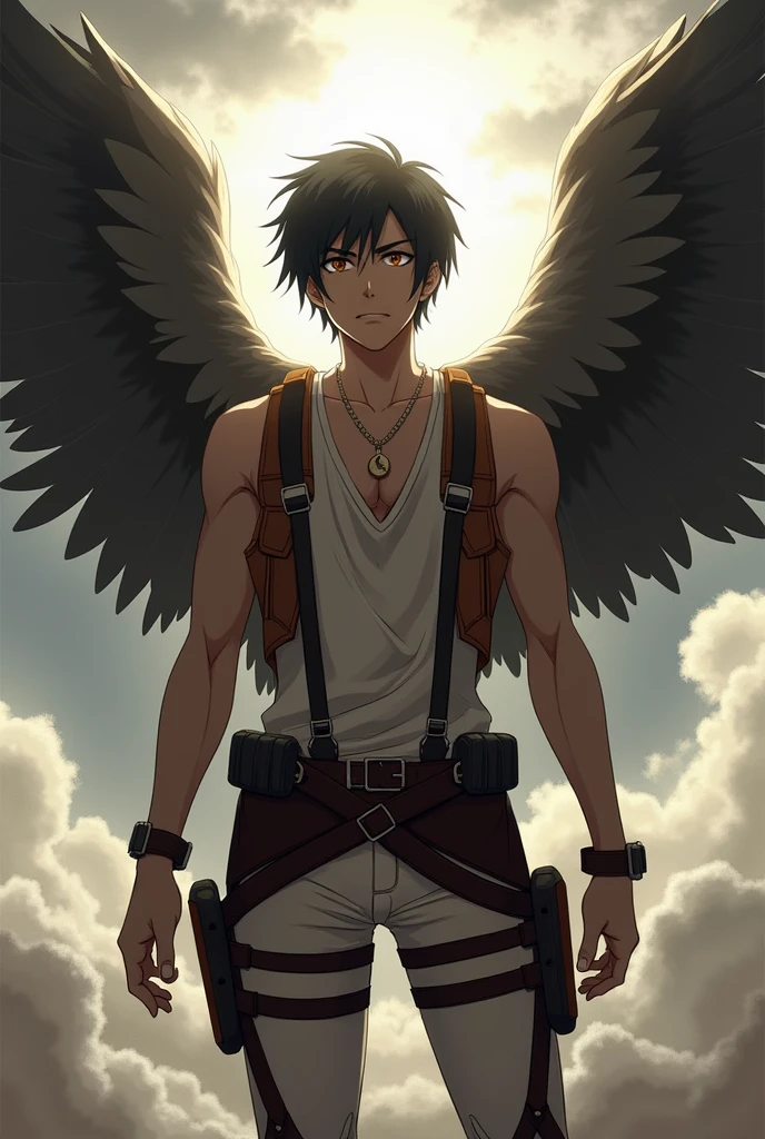 Boy with black hair, short green shirt, black shirt, black pants, eagle belt, amarillo eyes, eagle wings on his back, brown feathers with red tips, muscular complexion, slim golden Aztec medallion 