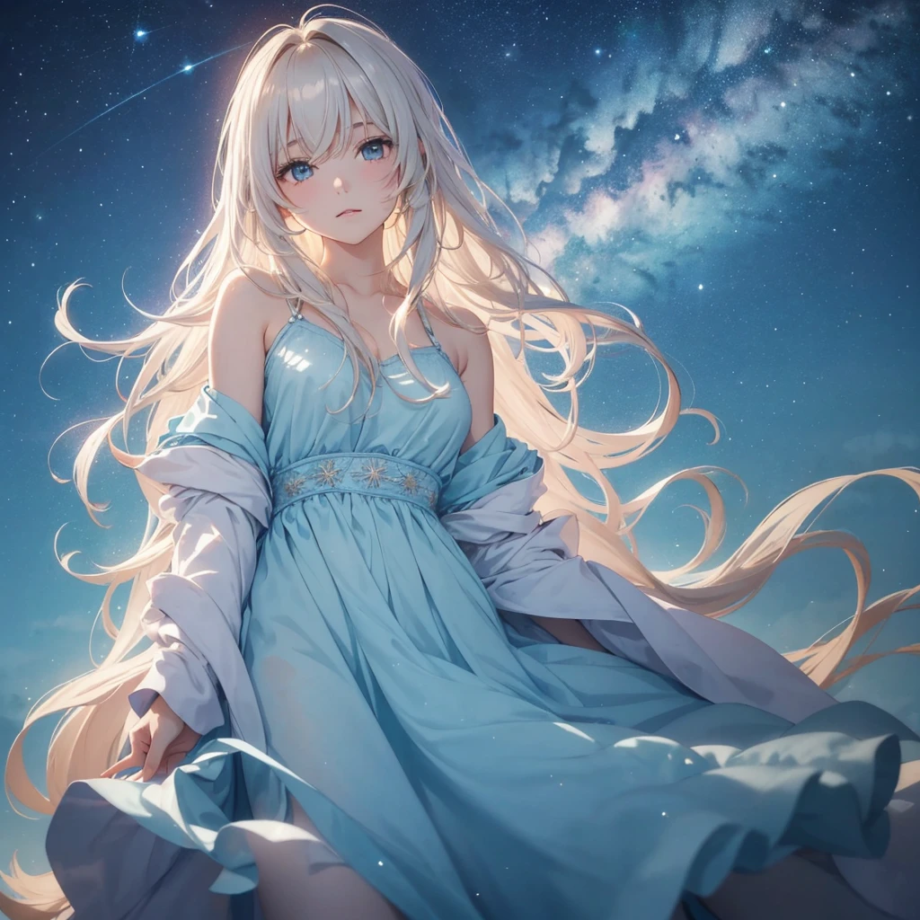 a beautiful 20 year old blonde woman with big messy hair, laying on a fluffy cloud in the sky, fluffy clouds cover her nude body, full body, with glowing moon and twinkling stars, with a small cityscape below, fantasy art style, rossdraws cartoon vibrant , cute detailed digital art, colorfull digital fantasy art, digital fantasy art ), glossy digital painting, rossdraws pastel vibrant, rossdraws 2. 5, rossdraws 1. 0
