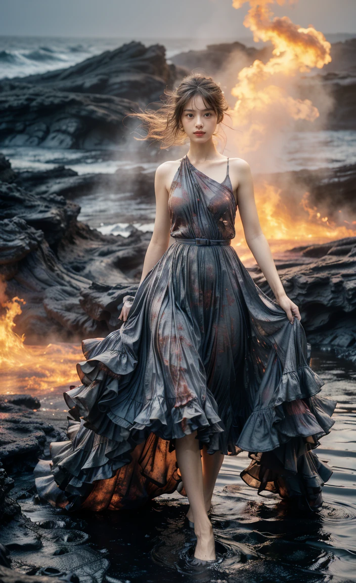 1 girl, long legs, full body, (best quality,4k,8k,highres,masterpiece:1.2),ultra-detailed,(realistic,photorealistic,photo-realistic:1.37),lava:1.3,ocean,rose dress,volcanic eruption,infrared photography,1.4 realistic ratio,ultra-high definition,texture removal accurate,perfectly detailed korean female face,golden ratio