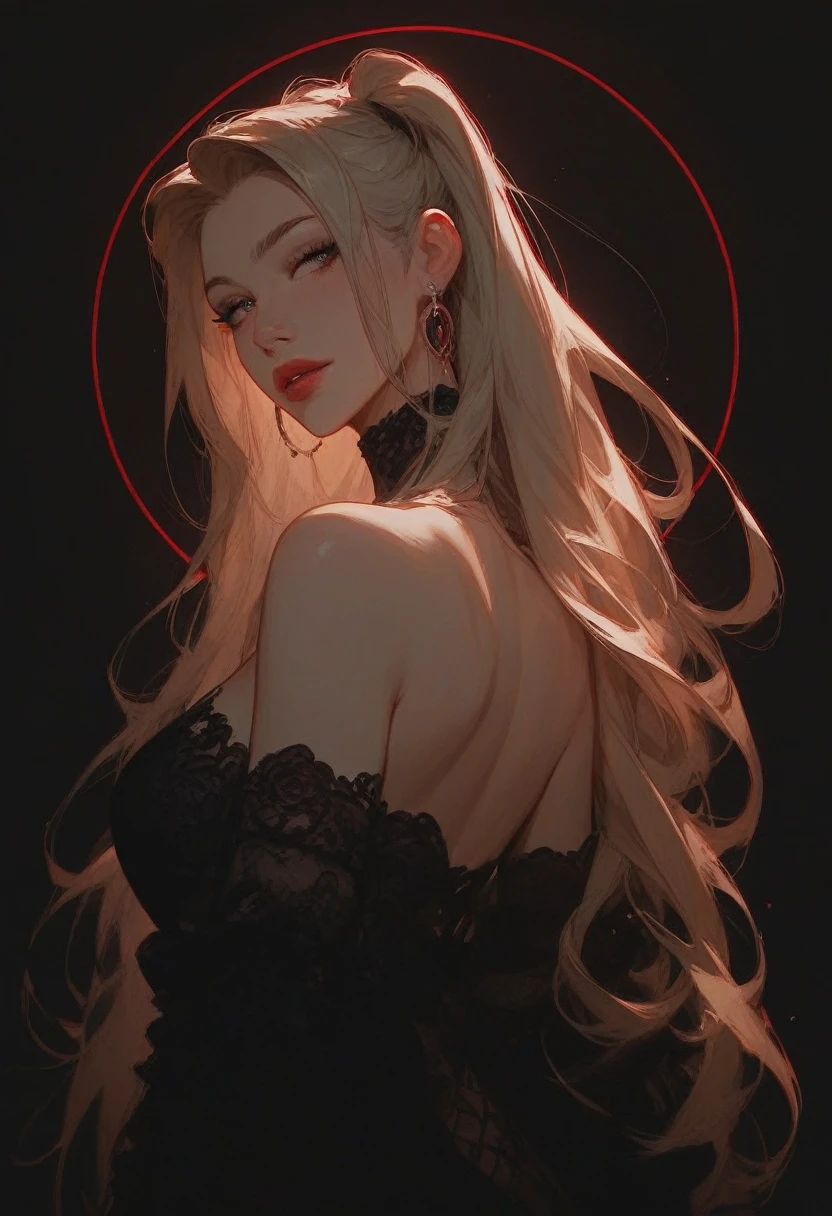 A seductive and captivating anime style illustration of a woman in a corset, posing seductively for a photo. She has pale hair with a hint of red and dark, mesmerizing eyes. Wearing a short, strappy nightgown that reveals just the right amount of skin, she exudes a charming and seductive look as she stares directly into the camera. The background is a vibrant cinematic scene from a Korean MMO game, with a mix of futuristic and mythical elements. The overall composition is conceptual and evokes a feeling of intrigue and desire., conceptual art, illustration, cinematic, vibrant, anime. The monochromatic red color palette adds to the overall feeling of sophistication, elegance and drama, achieved with Unreal Engine 5, Nvidia. graphic rendering,