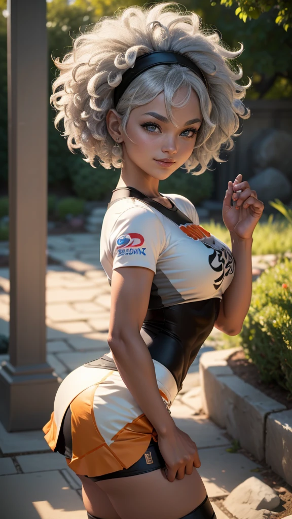 Bea da pokemon,(best qualityer,4K,8k,high resolution,work of art:1.2)(weather: windy), 1girl, solo girl, temple garden background, zen garden, short curly hair, gray hair, cropped t-shirt, tight mini skirt, thigh high socks, headband, gloves, leotard, ultra detailed,realistic,beautiful detailed gray eyes, beautiful detailed lips,extremely detailed eye and face, long eyelashes,average,medium breasts,beaming smile, sexy smile,powerful girl, bright coloured, dramatic lighting, meditating,