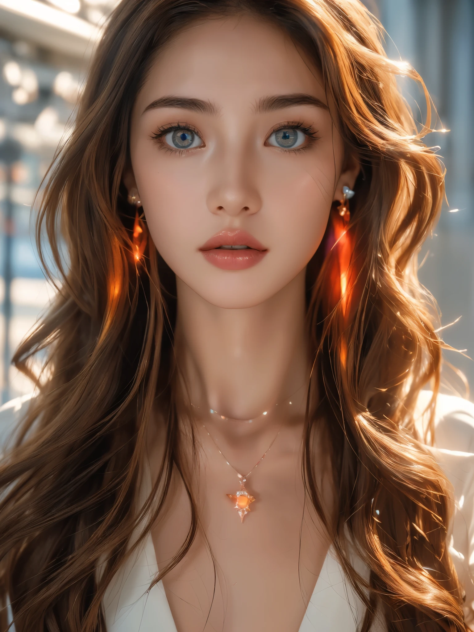 (UHigh resolution, retina, masterpiece, Accurate, Anatomically correct, Textured skin, Super Detail, Attention to detail, high quality, 最high quality, High resolution, 1080P, High resolution, 4K, 8k, 16k), (美しいAttention to detail目, Beautiful lip detail, Highly detailed eyes and face), Soft lighting, Physically Based Rendering, Vibrant colors,(((最high quality、masterpiece, 高精細CG8kイラスト, Highly detailed lights and shadows, Highly detailed face and eyes,masterpiece, 最high quality, Alone, One girl, Glowing Skin, Earrings, Splendid, Whimsical details, wall,Bright red lips, Fascinating,Shallow depth of field,Generate a futuristic woman wearing floating hologram jewelry, such as rings and necklaces. The jewelry appears to hover around her body, glowing with shifting colors, and reflecting light from her futuristic surroundings, Contrasting, Professional Model, frontを向く、front, Portraiture , Left detailed pupil,Right symmetrical pupil,Wavy Hair))), (Glowing Skin), (Wide-angle),(Alone), (Urzan-6500:0.33),(((whole bodyショット,whole body,Model pose)))