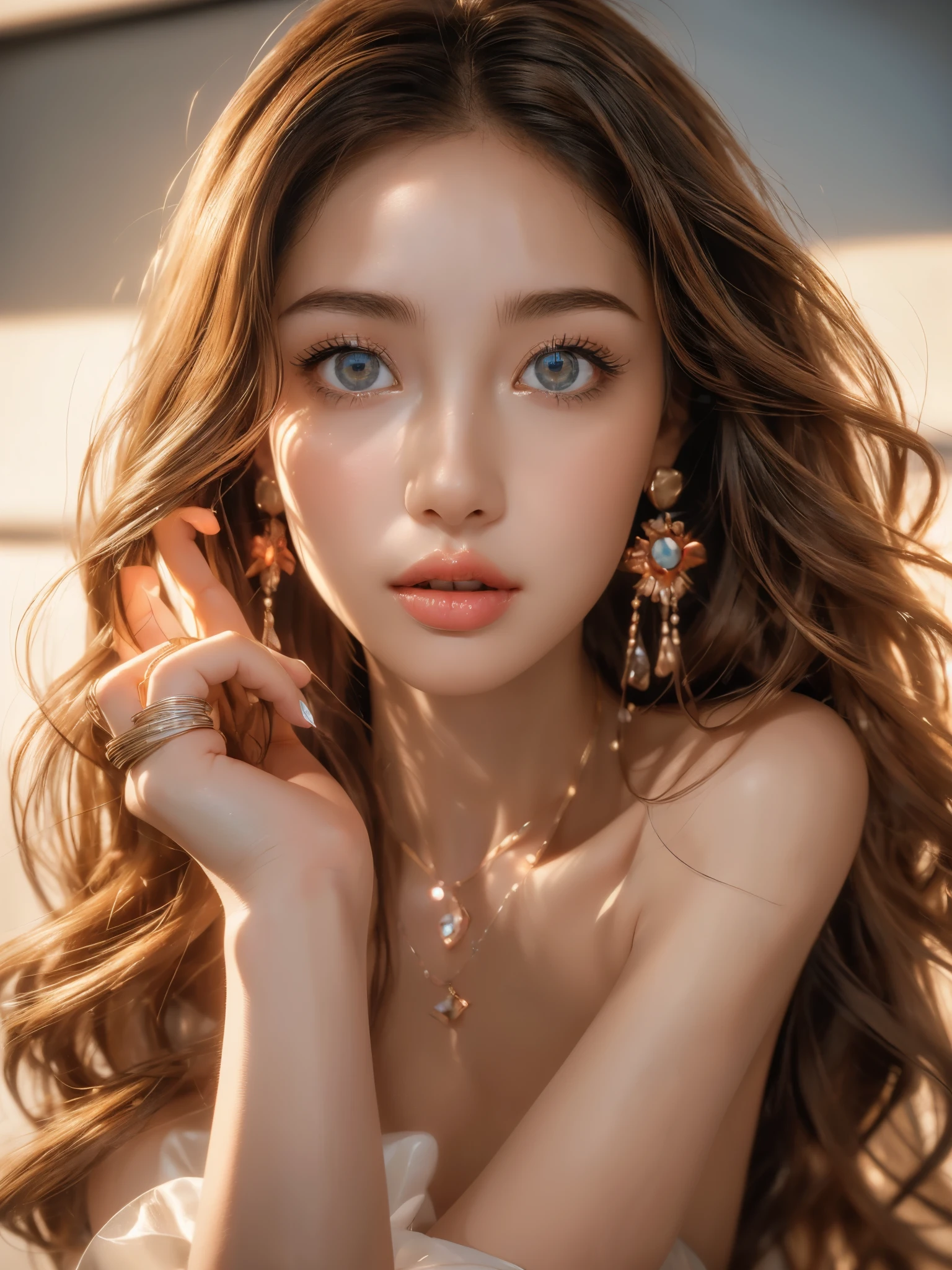 (UHigh resolution, retina, masterpiece, Accurate, Anatomically correct, Textured skin, Super Detail, Attention to detail, high quality, 最high quality, High resolution, 1080P, High resolution, 4K, 8k, 16k), (美しいAttention to detail目, Beautiful lip detail, Highly detailed eyes and face), Soft lighting, Physically Based Rendering, Vibrant colors,(((最high quality、masterpiece, 高精細CG8kイラスト, Highly detailed lights and shadows, Highly detailed face and eyes,masterpiece, 最high quality, Alone, One girl, Glowing Skin, Earrings, Splendid, Whimsical details, wall,Bright red lips, Fascinating,Shallow depth of field,Generate a futuristic woman wearing floating hologram jewelry, such as rings and necklaces. The jewelry appears to hover around her body, glowing with shifting colors, and reflecting light from her futuristic surroundings, Contrasting, Professional Model, frontを向く、front, Portraiture , Left detailed pupil,Right symmetrical pupil,Wavy Hair))), (Glowing Skin), (Wide-angle),(Alone), (Urzan-6500:0.33),(((whole bodyショット,whole body,Model pose)))