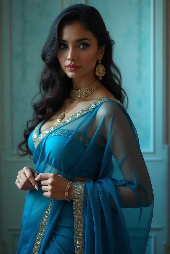 Ai realistic indian blue saree hot show Navel show cleavage half nude