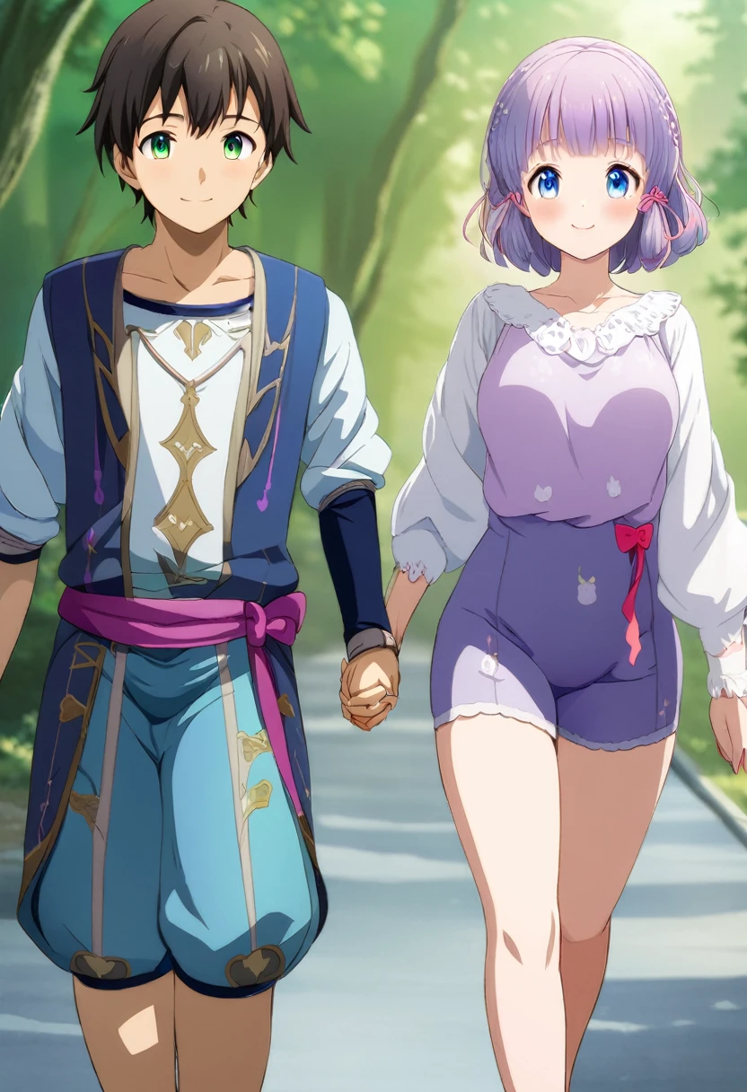 1 boy 1 girl only, Couple, (A boy and a girl, , are running happily holding hands:1.5), BREAK whole body, standing, baby face, purple heir, medium hair, smooth hair, bob hair, green eyes, Anime girl waving, White blouse, Pink ribbon, Loose-fitting blue-purple long arm covers, Navy blue hot pants with a slit in the front, Soft anime illustration, Smooth anime CG art, Virtual YouTuber Model, Cute realistic portrait, Cute girl anime visuals, Anime Style,