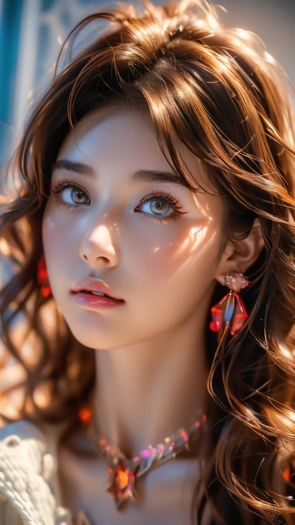 (UHigh resolution, retina, masterpiece, Accurate, Anatomically correct, Textured skin, Super Detail, Attention to detail, high quality, 最high quality, High resolution, 1080P, High resolution, 4K, 8k, 16k), (美しいAttention to detail目, Beautiful lip detail, Highly detailed eyes and face), Soft lighting, Physically Based Rendering, Vibrant colors,(((最high quality、masterpiece, 高精細CG8kイラスト, Highly detailed lights and shadows, Highly detailed face and eyes,masterpiece, 最high quality, Alone, One girl, Glowing Skin, Earrings, Splendid, Whimsical details, wall,Bright red lips, Fascinating,Shallow depth of field,Generate a futuristic woman wearing floating hologram jewelry, such as rings and necklaces. The jewelry appears to hover around her body, glowing with shifting colors, and reflecting light from her futuristic surroundings, Contrasting, Professional Model, frontを向く、front, Portraiture , Left detailed pupil,Right symmetrical pupil,Wavy Hair))), (Glowing Skin), (Wide-angle),(Alone),  (Urzan-6500:0.33),(((whole bodyショット,whole body,Model pose)))