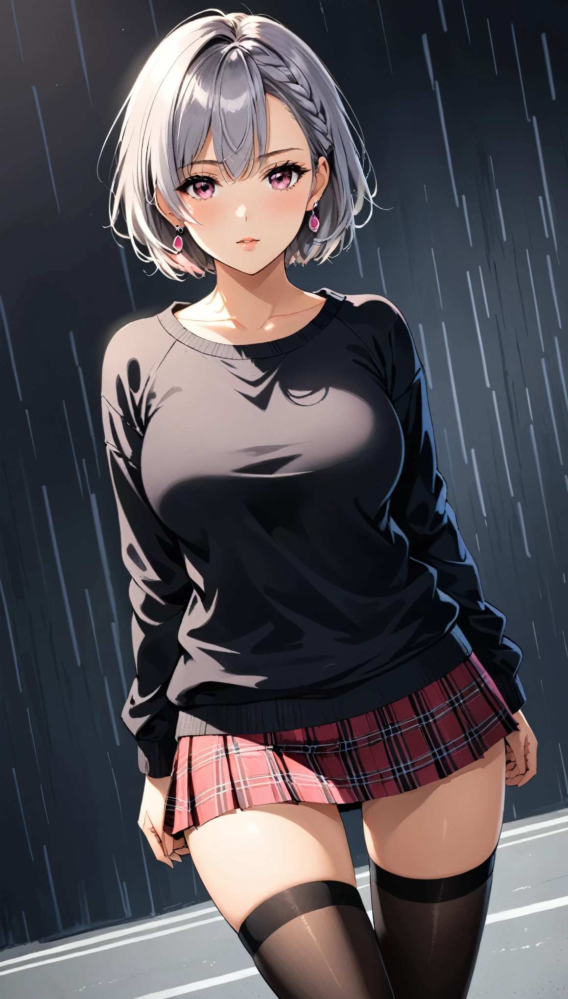 Short-haired girl with big breasts in the rain